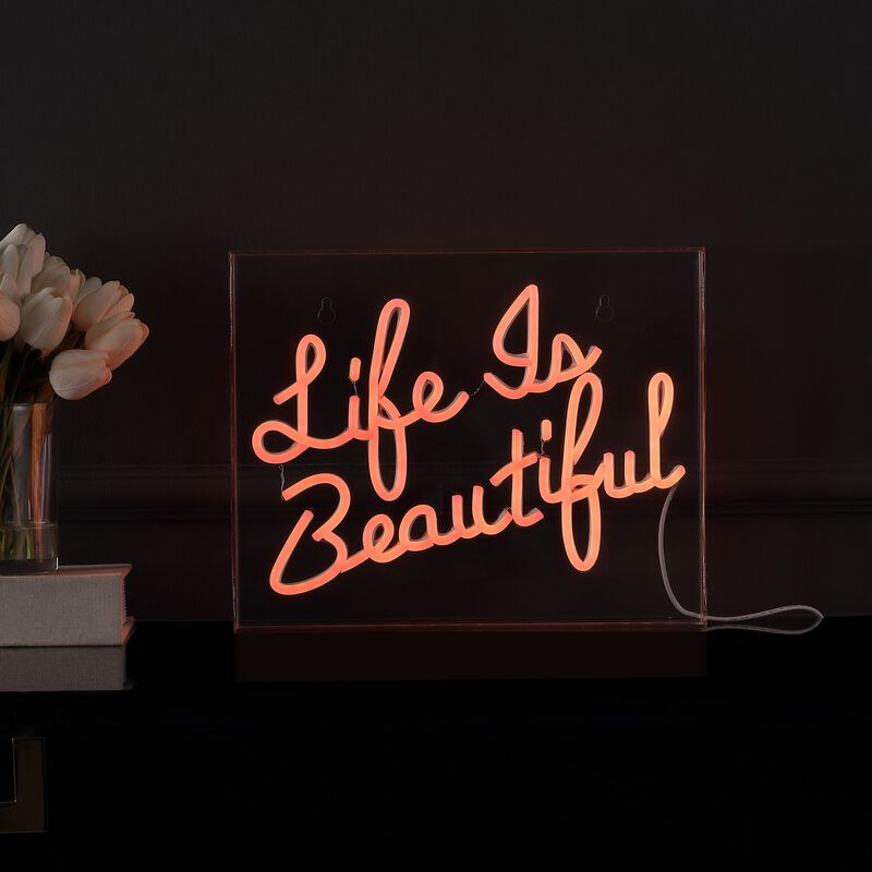 Life is Beautiful 13.7" X 10.9" Contemporary Glam Acrylic Box USB Operated LED Neon Light, Orange