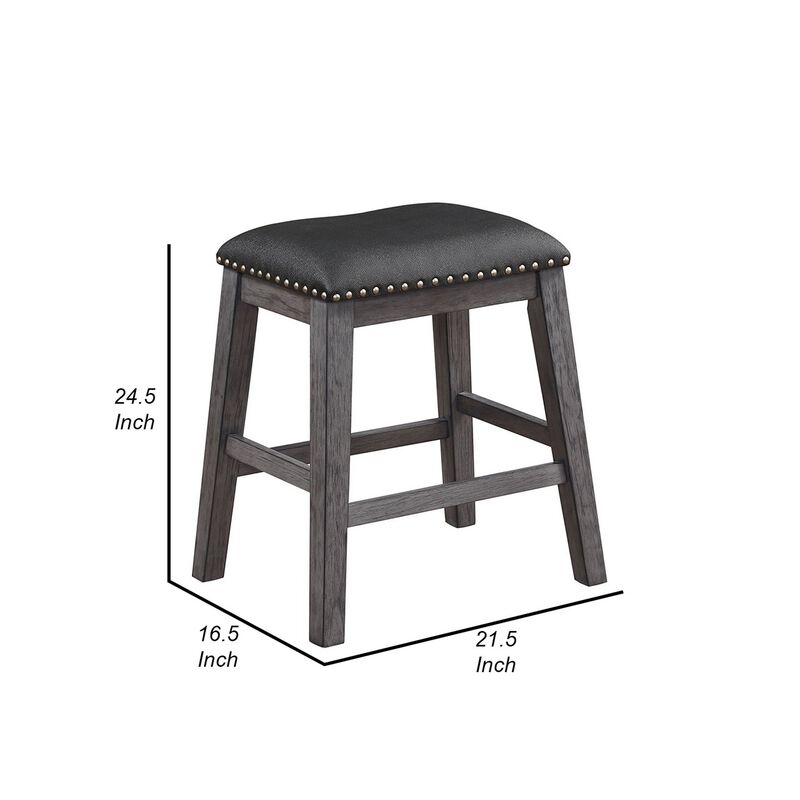 Wood & Leather CoUnter Height Stool with Nail head Trim, Set of 2, Black & Gray-Benzara