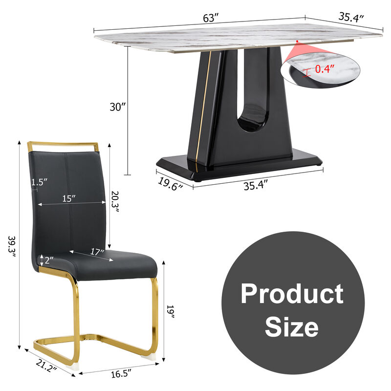 1 table and 6 chairs. Modern, simple and luxurious black imitation marble rectangular dining table and desk with 6 black PU gold plated leg chairs 63" x 35.4" X 30"