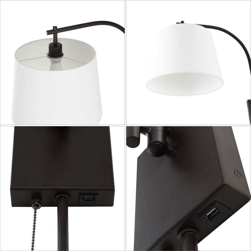 Gosling Mid-Century Modern Plug-In or Hardwired Iron LED Gooseneck Swing Arm Wall Sconce with Pull-Chain and USB Charging Port