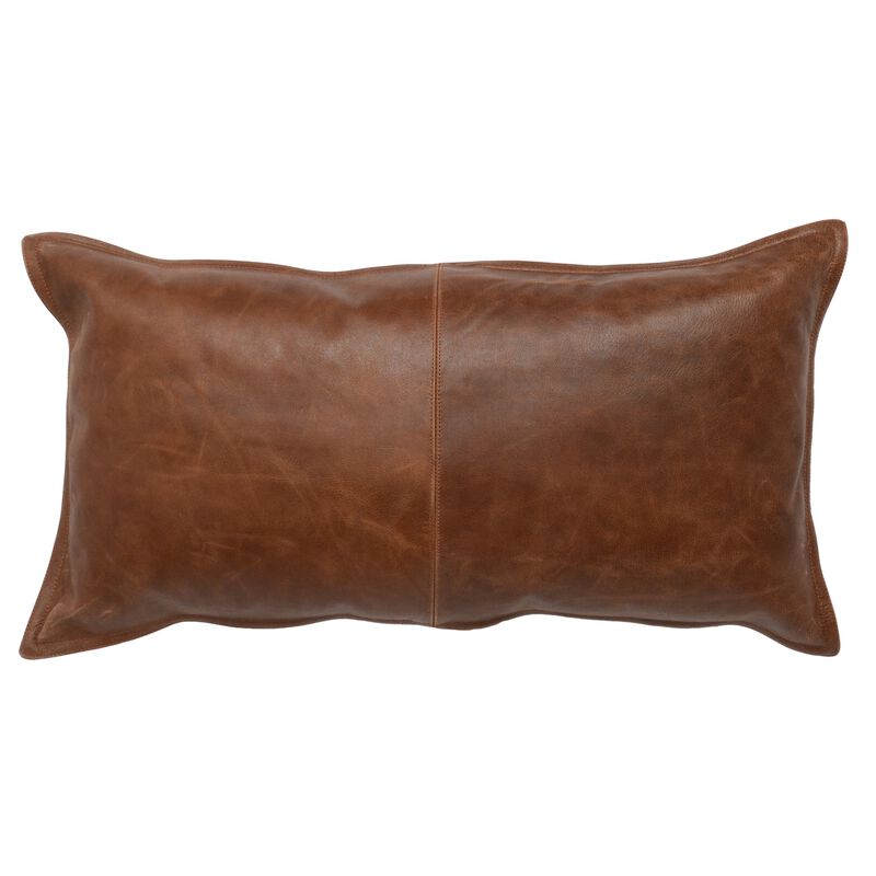 Leatherette Throw Pillow with Stitched Details and Flanged Edges, Brown-Benzara