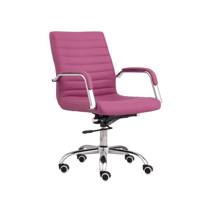 22 Inch Swivel Office Armchair, Sleek Lines and Tufted Pink Faux Leather - Benzara
