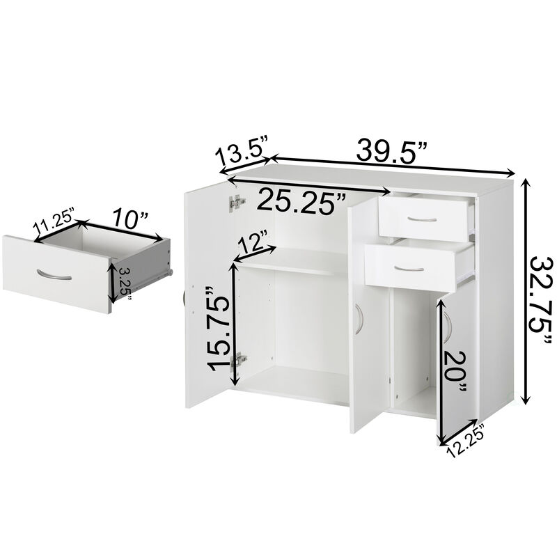 33-Inch White Sideboard Buffet Cabinet with Storage, Spacious Table Top, Large Drawers, and Adjustable Shelf - Kitchen Organizer and Storage - Ideal for Storing Utensils and Linens in Your Dining Room