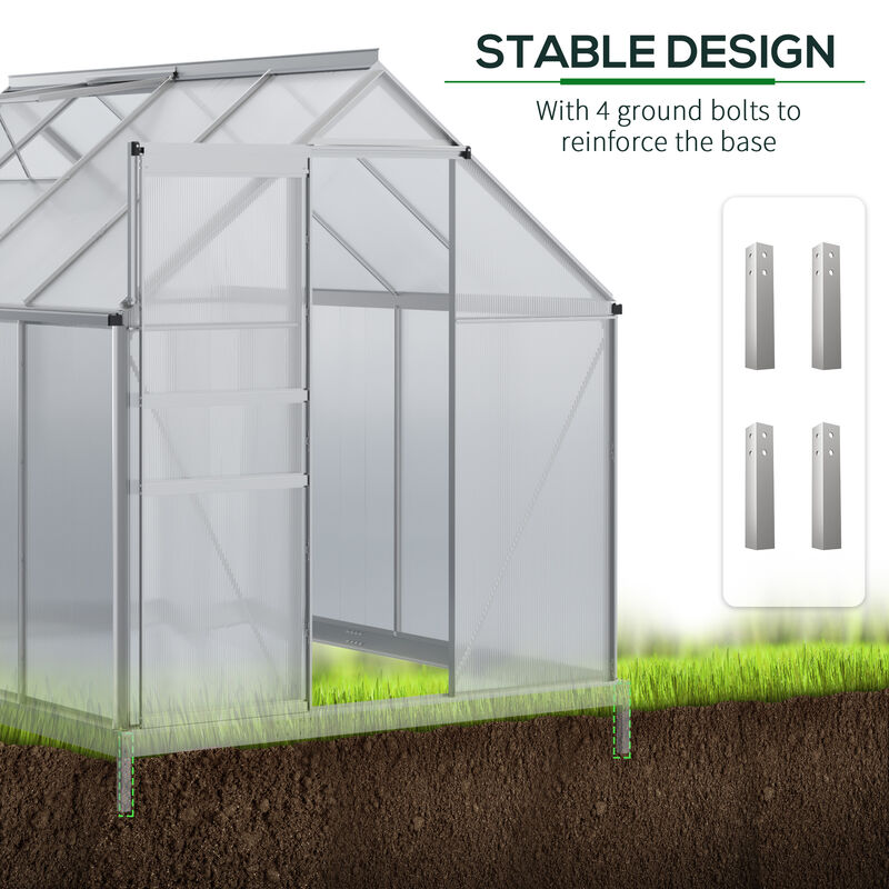 Outsunny 8' x 6' x 6.5' Polycarbonate Greenhouse with Aluminum Frame, Walk-in Heavy Duty Greenhouse with Adjustable Roof Vent, Rain Gutter and Sliding Door for Winter, Silver