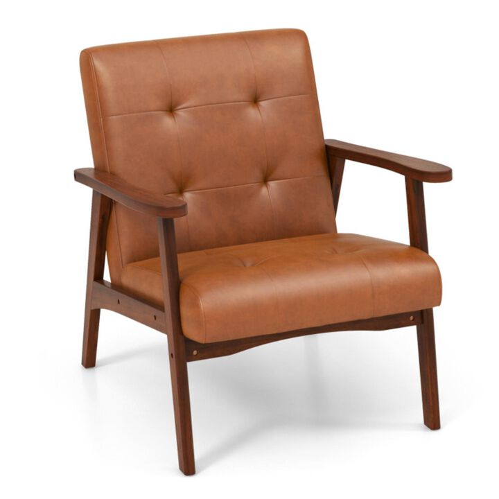 Hivvago Mid Century Modern Accent Chair with Solid Rubber Wood Frame and Leather Cover