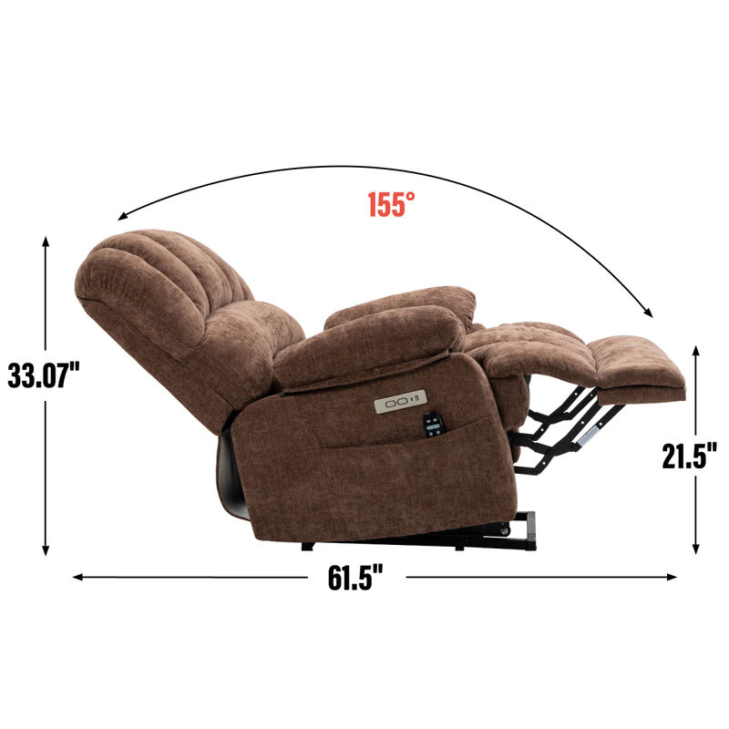 23" Seat Width and High Back Large Size Chenille Power Lift Recliner Chair with 8-Point Vibration Massage and Lumbar Heating, Brown