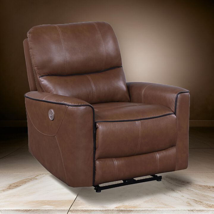 Lima Power Recliner Chair, Brown Faux Leather, USB Port, Foam Cushions - Benzara