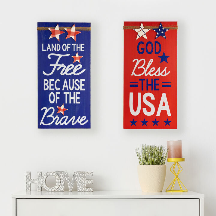 Set of 2 God Bless the USA and Land of the Free Patriotic Wooden Plaques 23.5"