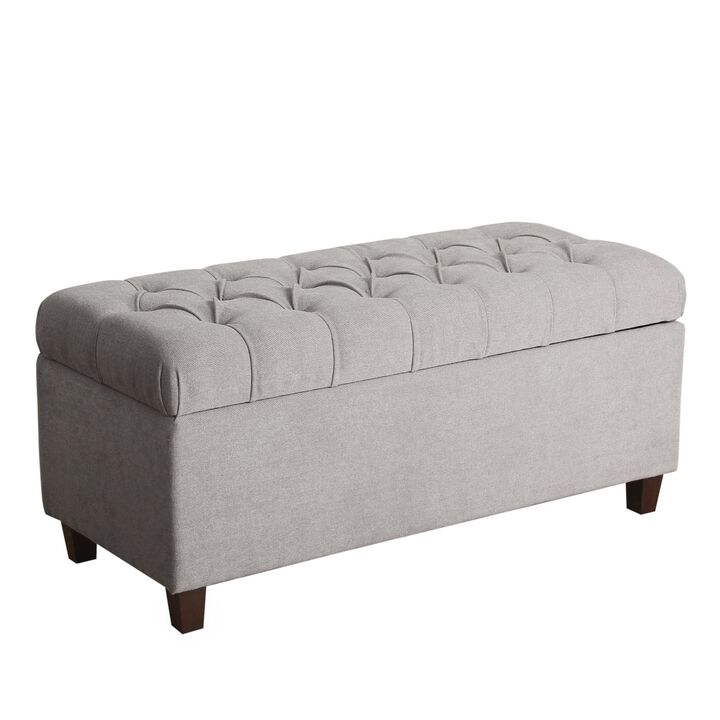 Fabric Upholstered Button Tufted Wooden Bench With Hinged Storage, Gray and Brown - Benzara
