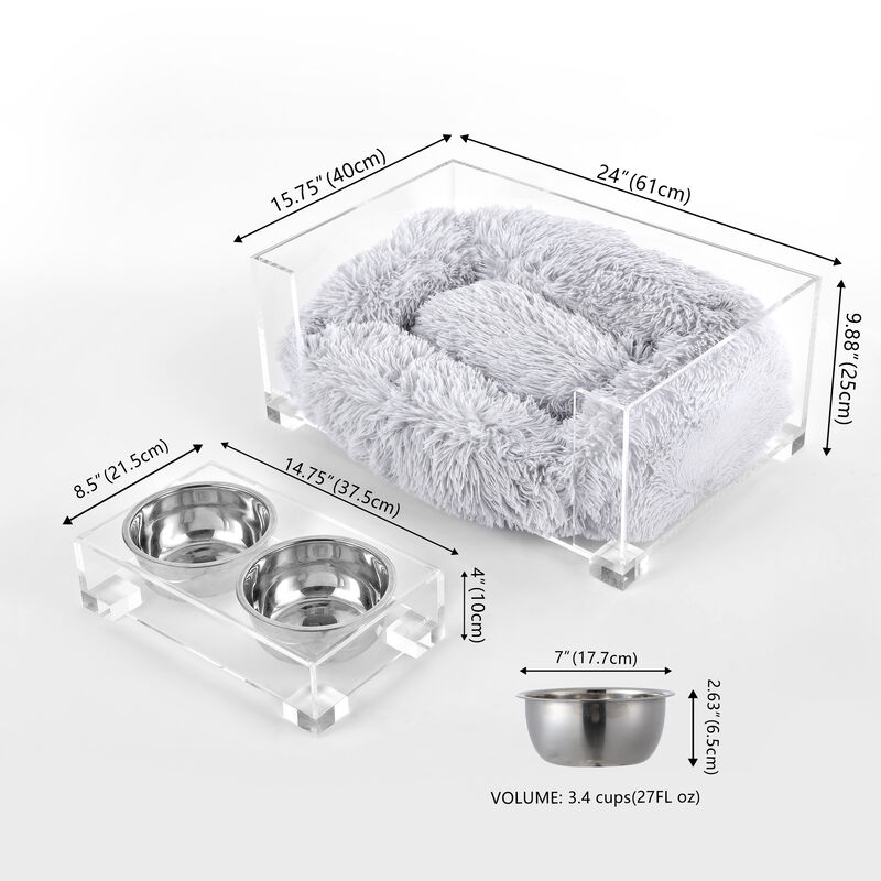 Billie Small Modern Lucite Calming Fluffy Pet Bed with Washable Cushion and 4" Elevated Pet Feeder with 27 oz 2-Stainless Steel Bowls (Set of 2)