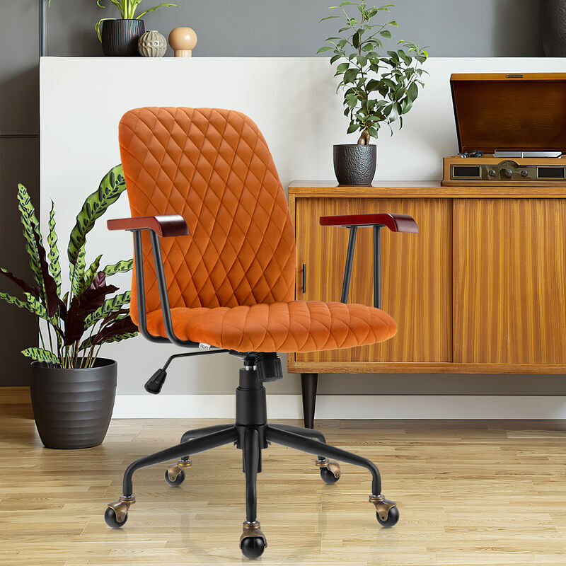 Costway Velvet Home Office Chair Swivel Adjustable Task Chair w/ Wooden Armrest Orange
