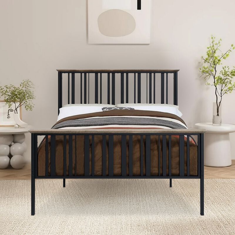 Nori Full Bed with Slatted Metal Frame, MDF Wood, Oak Brown and Black  - Benzara