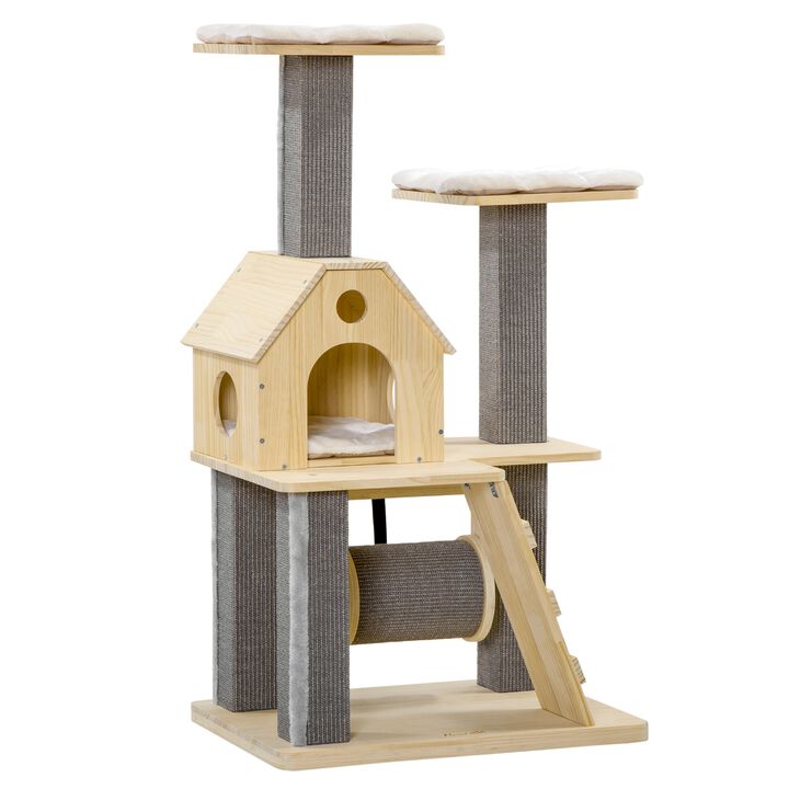 49" Cat Tree, Kitty Activity Center, Wooden Cat Climbing Toy with Condo, Roller, Ladder, Cushions, and Sisal Scratching Post Pad, Natural