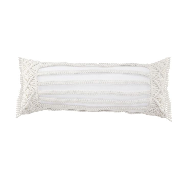 36" White Macrame Outdoor Lumbar Throw Pillow