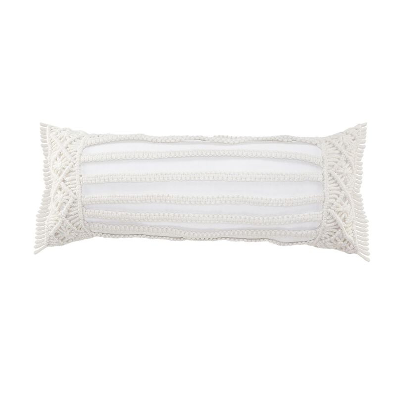 36" White Macrame Outdoor Lumbar Throw Pillow