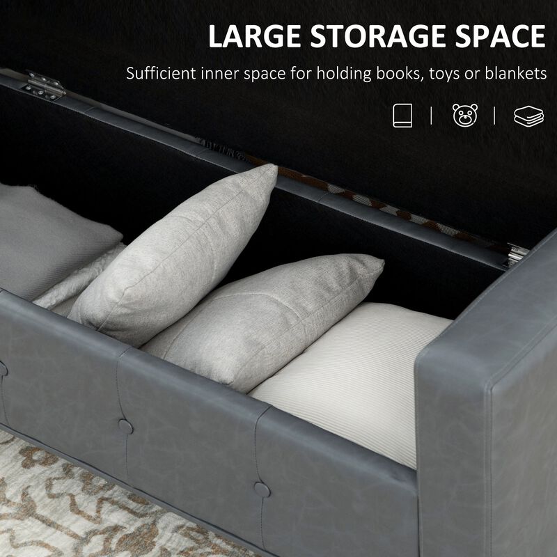 Grey Storage Bench: Tufted Faux Leather Ottoman with Armrests