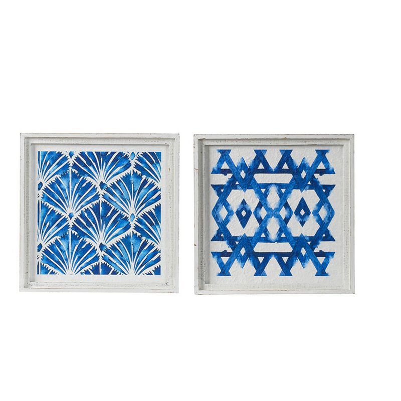 17 x 17 Set of 2 Framed Wall Art, Geometric Print, Modern, White, Blue - Benzara