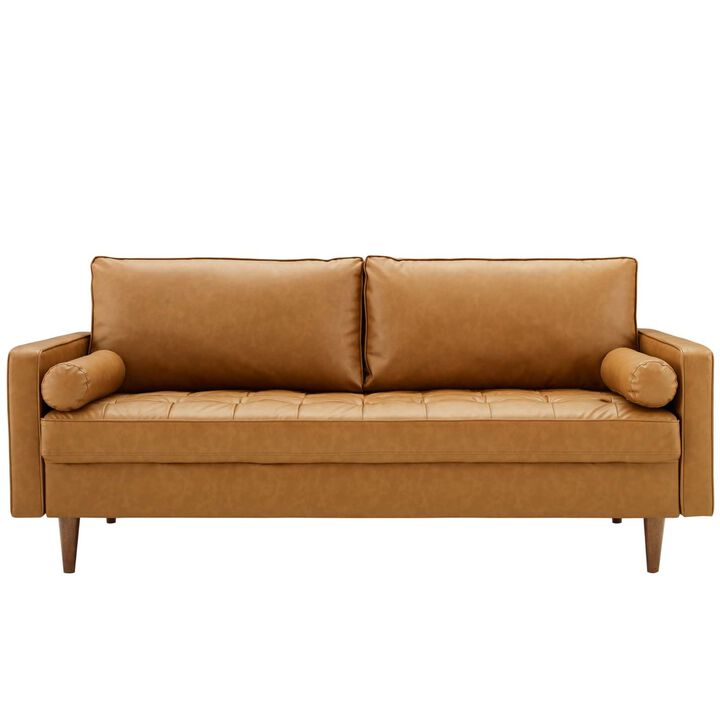 Valour Mid-Century Modern Tufted Sofa - Sleek Faux Leather, Walnut Legs, Bolster Pillows - Chic & Comfortable Addition to Your Living Space