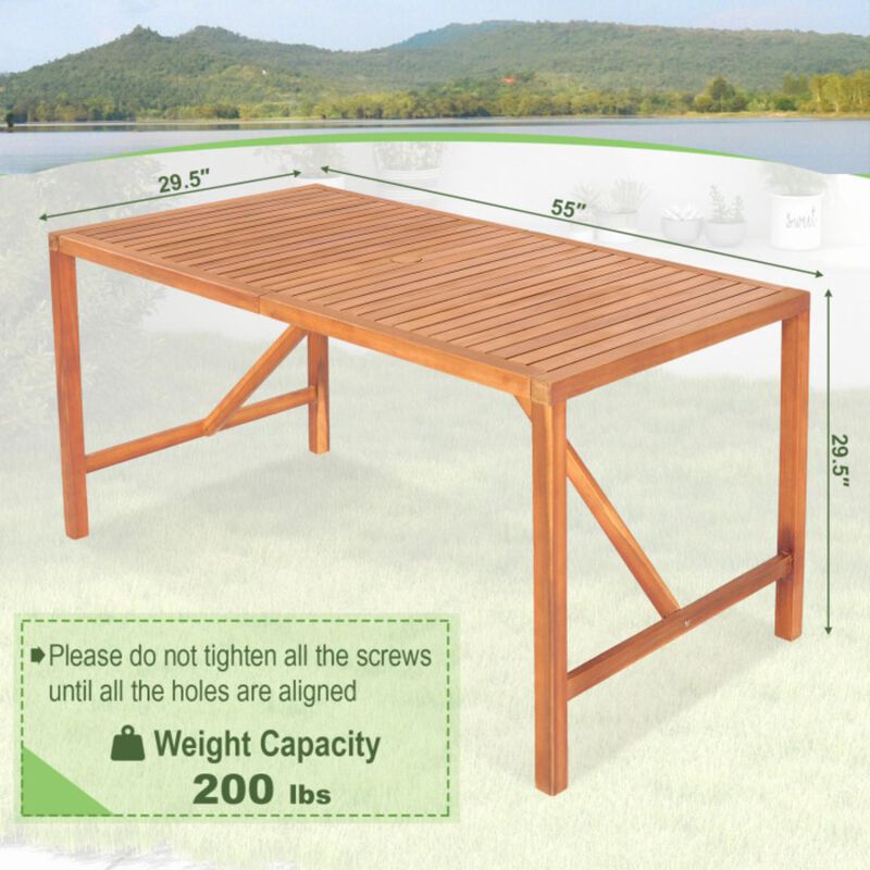 Hivvago 55 Inch Patio Rectangular Acacia Wood Dining Table with Umbrella Hole