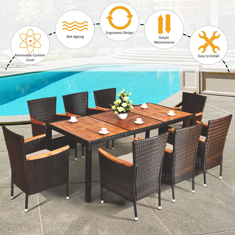 9 Pieces Rattan Dining Set with Acacia Wood Table and Stackable Cushioned Chairs