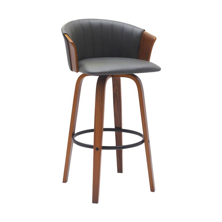 Oja 30 Inch Swivel Barstool Chair, Gray Faux Leather, Curved, Walnut Brown - Benzara
