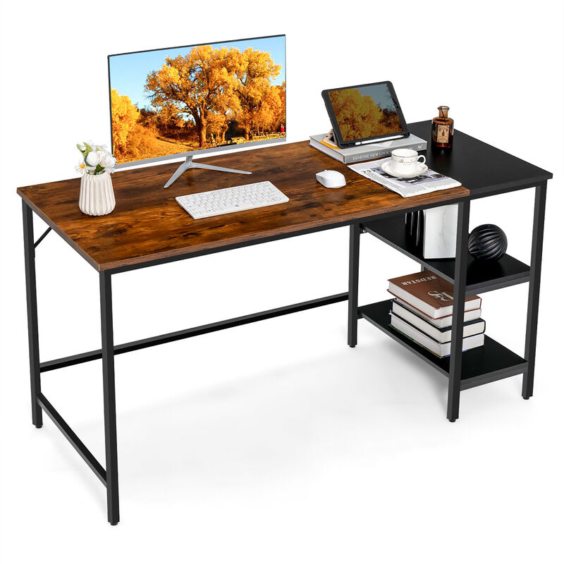 Costway 55'' Computer Desk Writing Workstation Study Table Home Office with Bookshelf Rustic