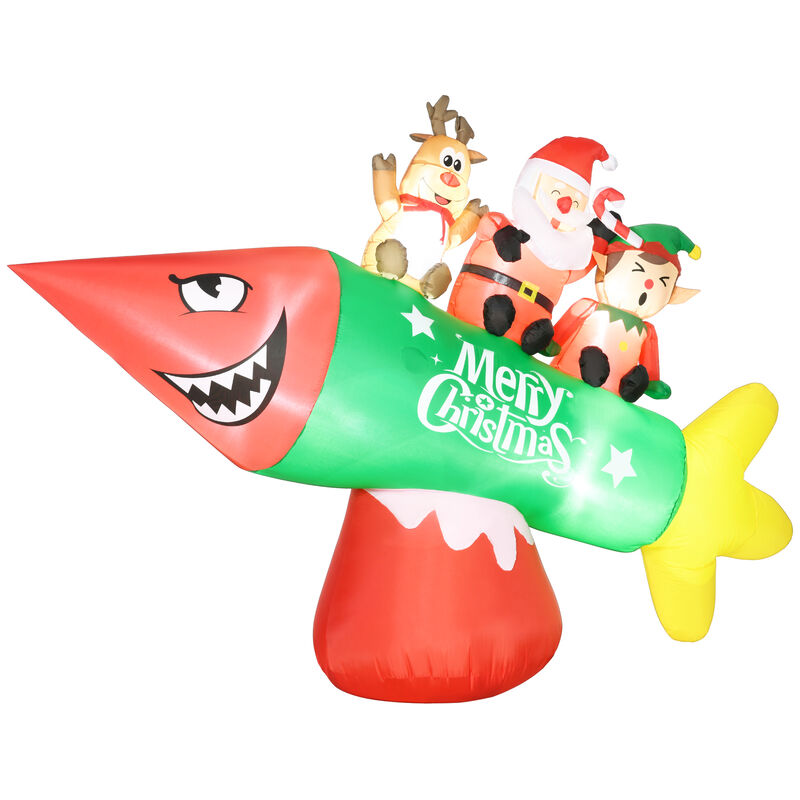 9' Inflatable Christmas Rocket Carrying Santa Claus, Elf and Reindeer for Garden