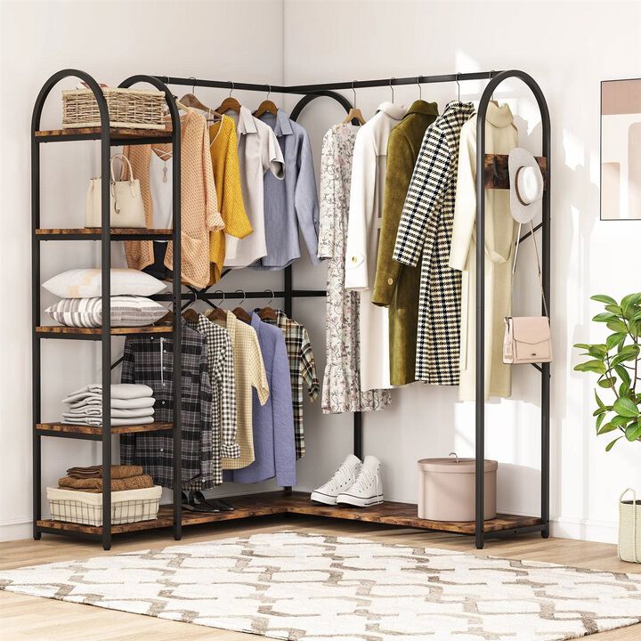 Hivvago Corner L Shaped Garment Rack with Clothing Hanging Rods and Storage Shelves