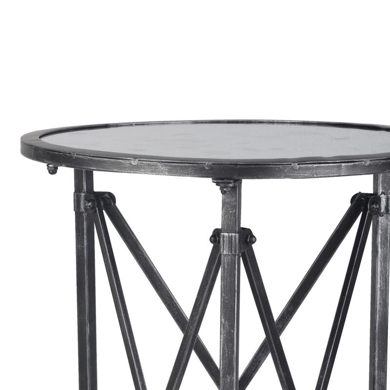27 Inch Side Table, Round Metal Body, Glass Tabletop, 3 Wheels, Silver - Benzara