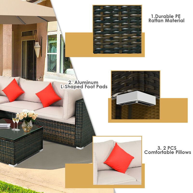 5 Pcs Outdoor Patio Rattan Furniture Set Sectional Conversation with Navy Cushions