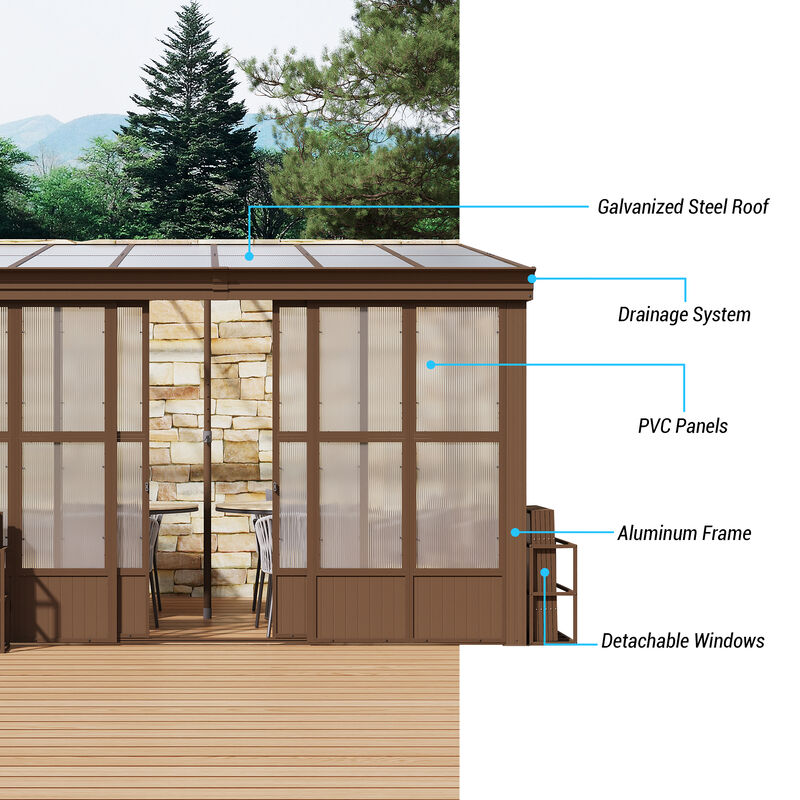 MONDAWE 10x12FT Lean to Sunroom Wall Mounted Solarium with Sloping Polycarbonate Roof, Detachable Screens and 2 Lockable Sliding Doors