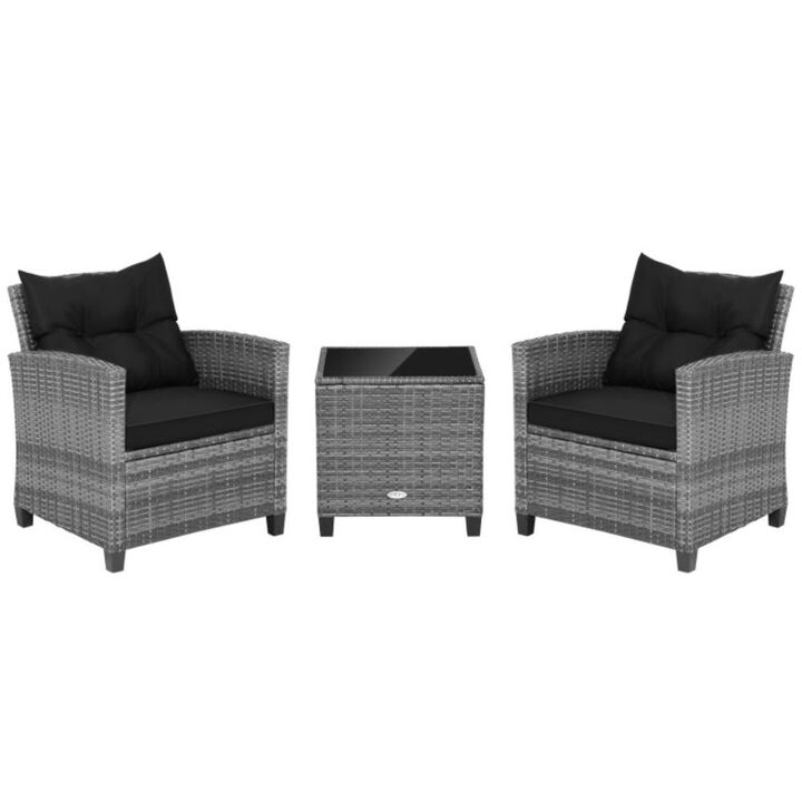 Hivvago 3 Pieces Outdoor Wicker Conversation Set with Tempered Glass Tabletop