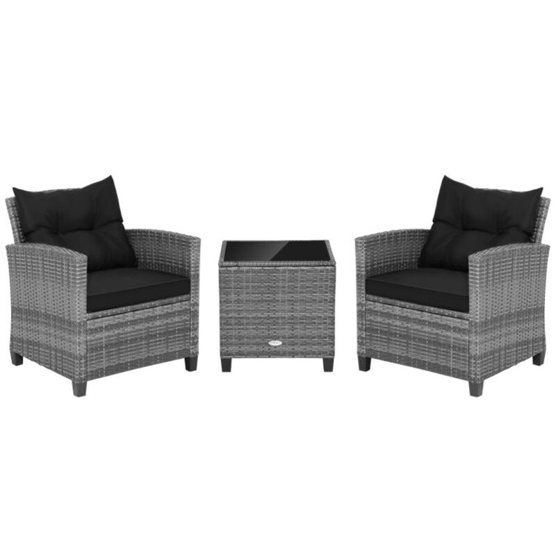 Hivvago 3 Pieces Outdoor Wicker Conversation Set with Tempered Glass Tabletop