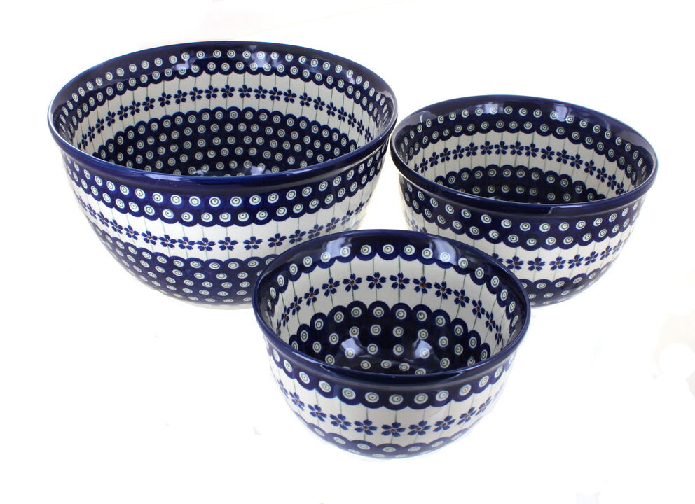 Blue Rose Polish Pottery Flowering Peacock Mixing Bowl Set