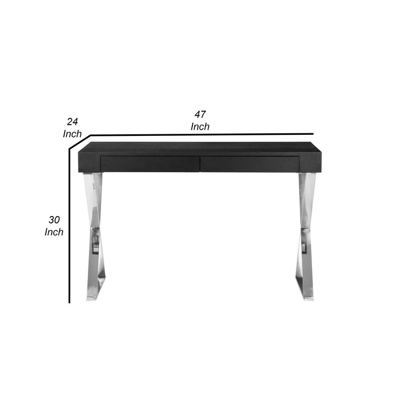 Rix 47 Inch Office Desk, Black Wood Top, 2 Drawers, X Polished Steel Legs - Benzara