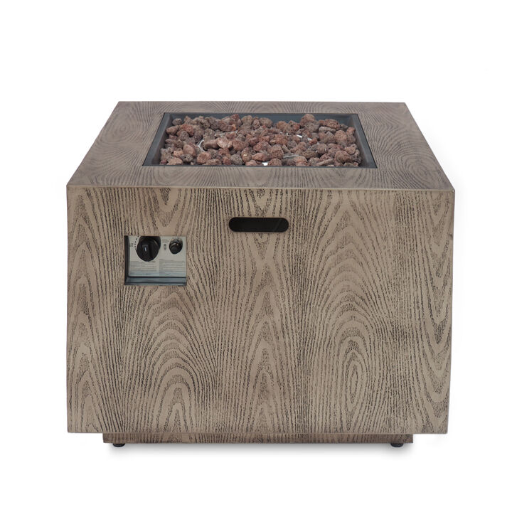 Outdoor Patio Gas Burning Fire Pit - 50, 000 BTU Tank Inside, Square, Iron Wood Pattern, Brown