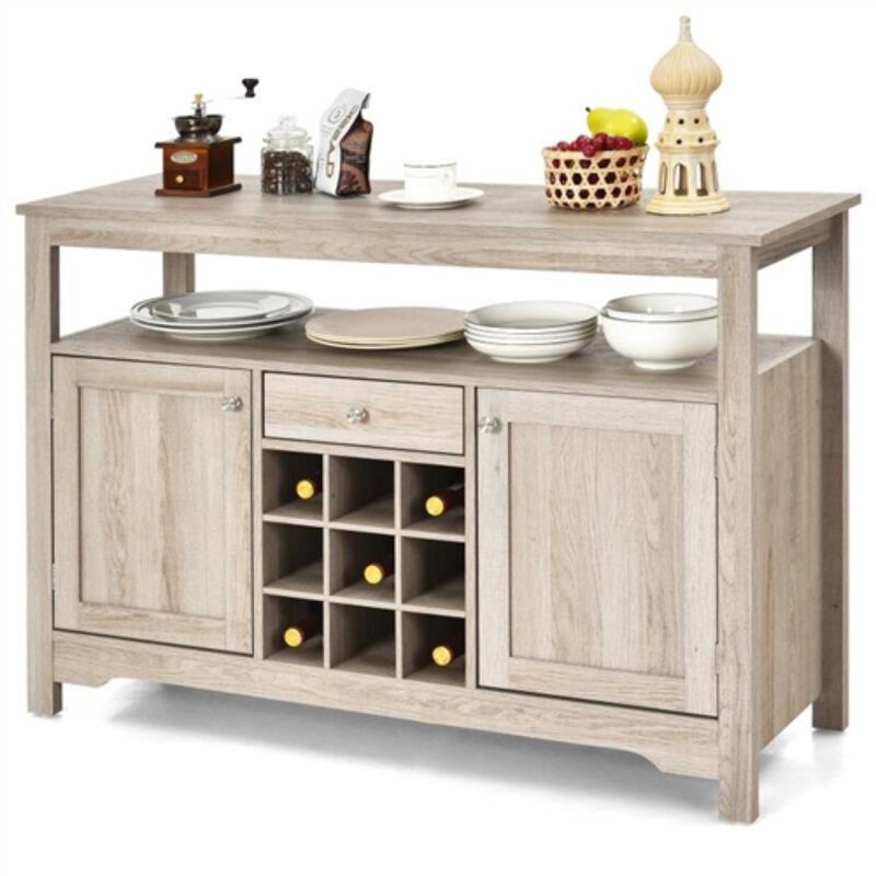 Hivvago Grey Wood Sideboard Buffet Server Cabinet with Wine Rack and Storage Shelf