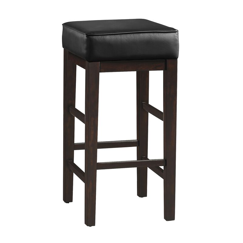 Vin 31 Inch Bar Height Stool, Black Faux Leather Seat, Dark Brown, Set of 2 - Benzara