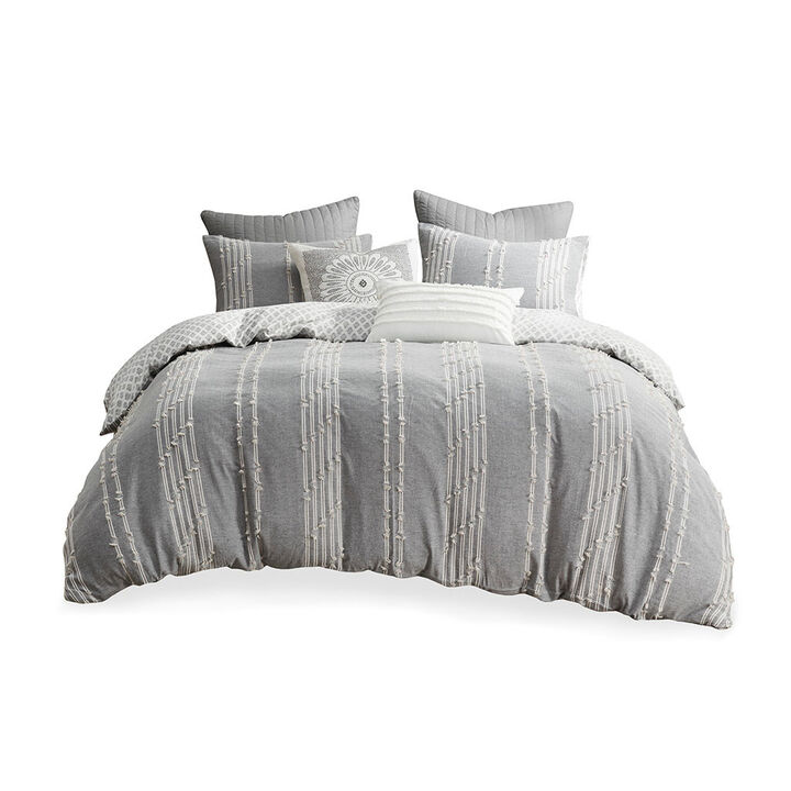 Gracie Mills Trujillo 3-Piece Embroidered Stripes Cotton Jacquard Duvet Cover Set