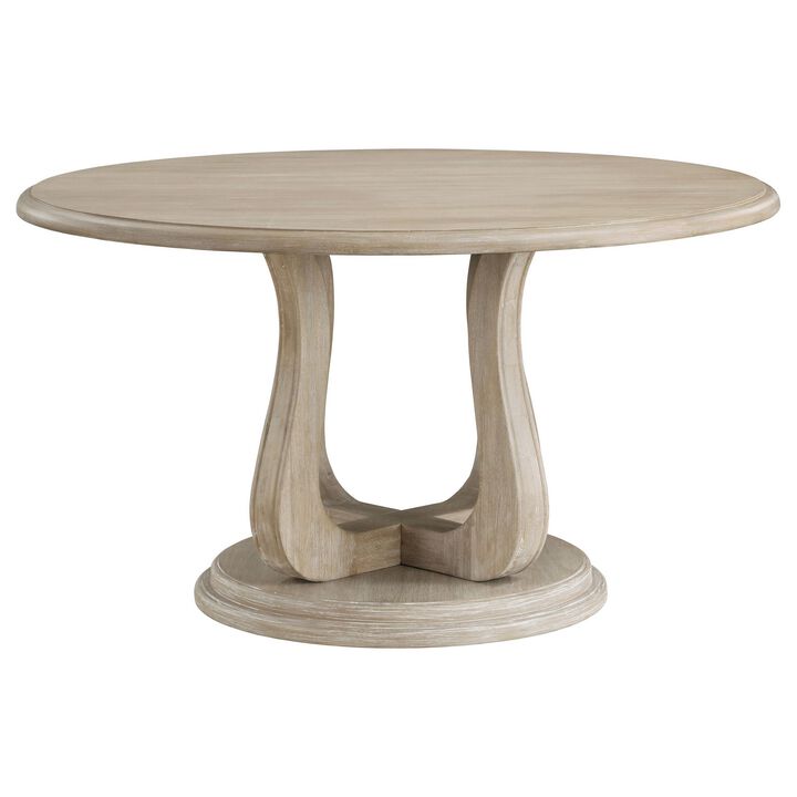 Eva Round Dining Table, Pedestal Base, White Washed Brown Wood 60 Inch - Benzara