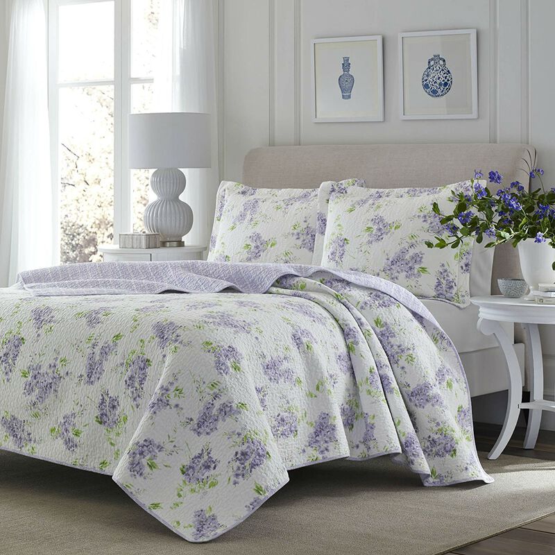 QuikFurn Full / Queen size 3-Piece Cotton Quilt Set with White Purple Floral Pattern