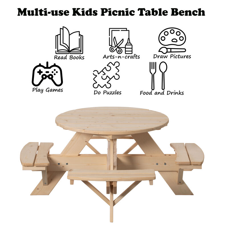 Wooden Kids Round Picnic Table Bench, Outdoor Children's Backyard Table, Crafting, Dining, and Playtime Patio Table