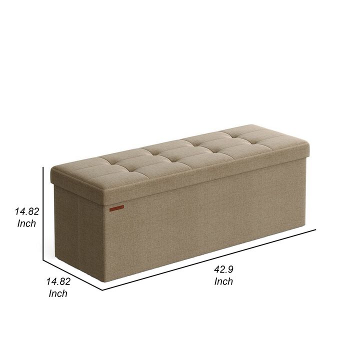 Zok 43 Inch Folding Storage Ottoman Bench, Tufted, Removable Top, Taupe - Benzara