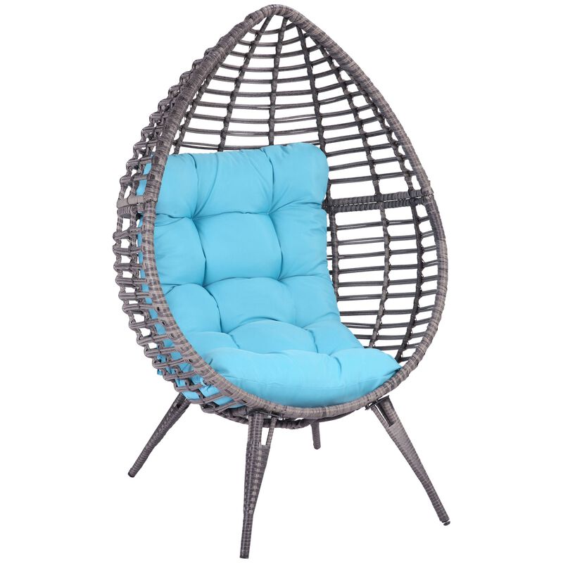 PE Rattan Egg Cuddle Chair with Soft Cushion, Height Adjustable Knob for Backyard, Patio, Sky Blue Teardrop Wicker Lounge Chair