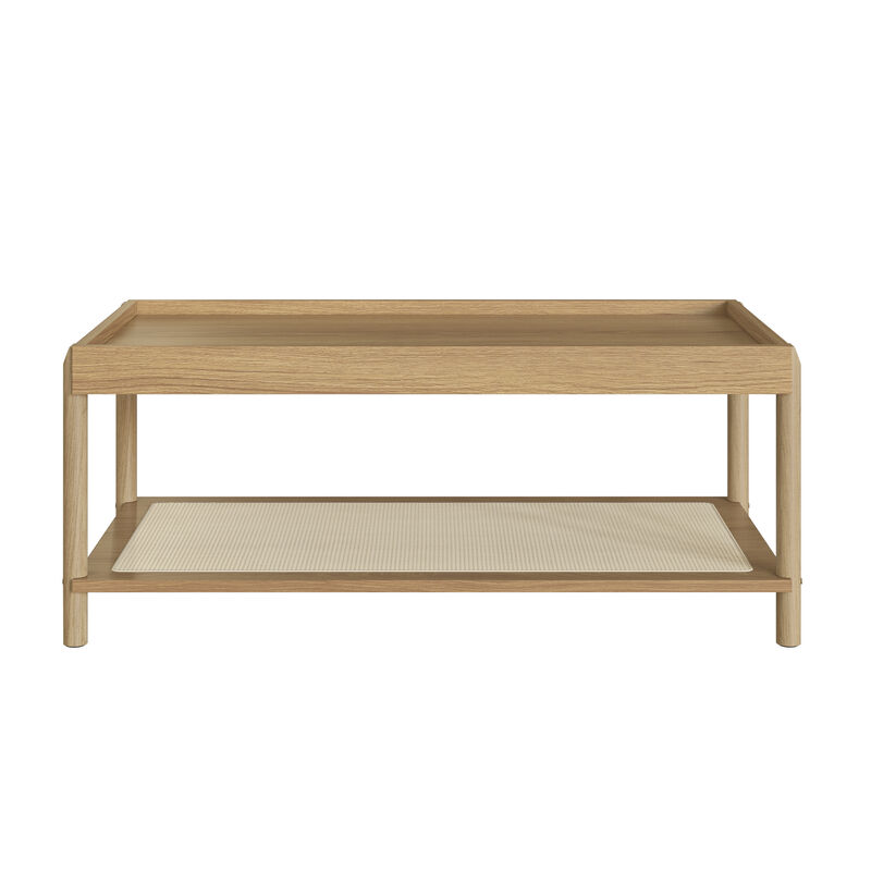 Boho Coffee Table  Wood Legs Rattan Shelf Storage -Coastal Oak