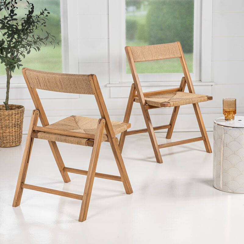 Kiawah Coastal Modern Wood Woven Seagrass Folding Chair, Natural (Set of 2)