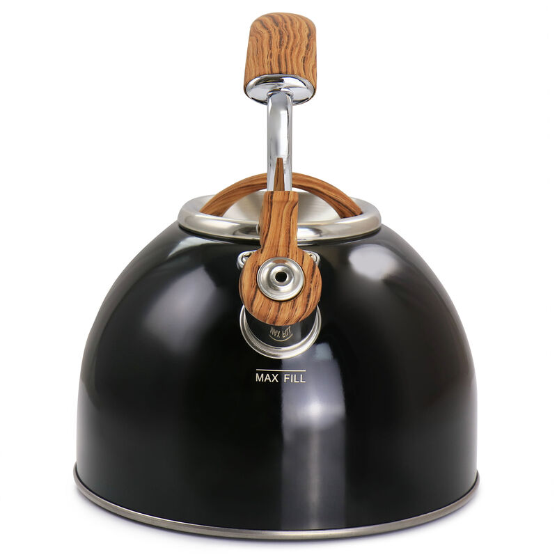 Mr. Coffee 2 Quart Stainless Steel Whistling Tea Kettle with Wood Pattern Handle in Black