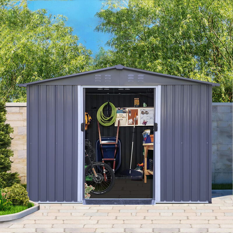 Outdoor Storage Shed 8 x 6 FT Large Metal Tool Sheds, Heavy Duty Storage House with Sliding Doors with Air Vent for Backyard Patio Lawn to Store Bikes, Tools, Lawnmowers Dark Grey