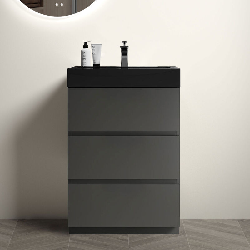 Alice 24" Gray Bathroom Vanity with Sink, Large Storage Freestanding Bathroom Vanity for Modern Bathroom, One-Piece Black Sink Basin without Drain and Faucet