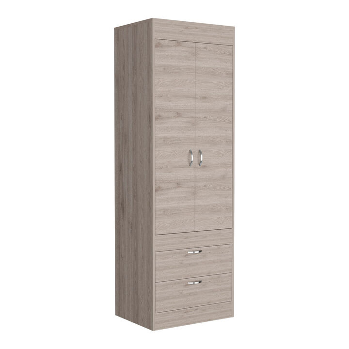 DEPOT E-SHOP Portugal Armoire, Double Door Cabinet, Two Drawers, Metal Handles, Rod, Light Gray